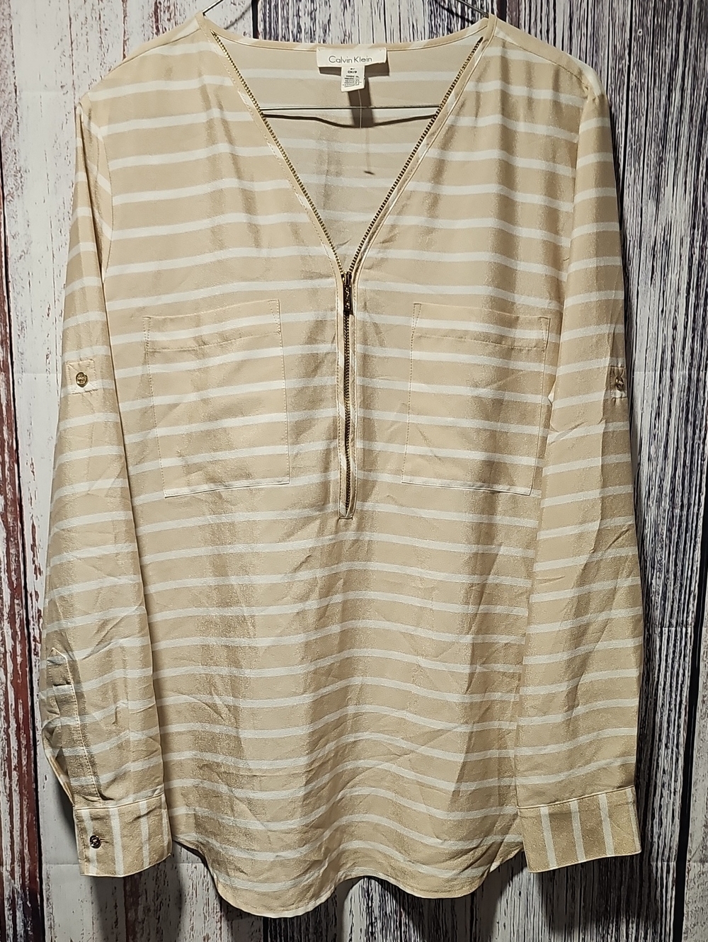 Calvin Klein Cream & White Striped Half-Zip Blouse